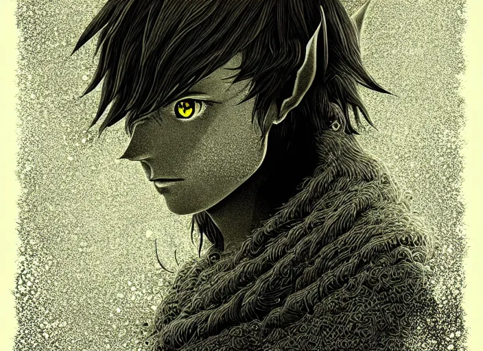 Image similar to anime portrait of a fantasy elf, Mads Berg, Karolis Strautniekas, stippled light, editorial illustration, detailed,fine texture, textured, matte print