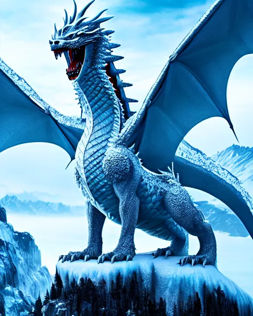 Image similar to giant ice dragon standing on a snowcapped mountain, highly detailed, 4 k, hdr, award - winning, directed by zack snyder