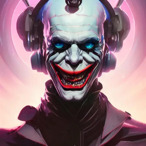 Prompt: portrait of a cybernetic joker, cyberpunk concept art by pete mohrbacher and artgerm and wlop and greg rutkowski and deathburger, digital art, highly detailed, intricate, sci-fi, sharp focus, Trending on Artstation HQ, deviantart, unreal engine 5, 4K UHD image