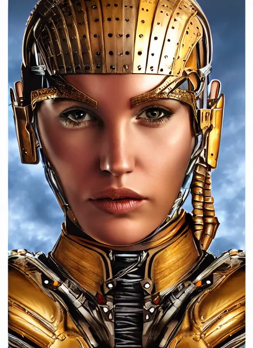 Prompt: close - up portrait of beautiful young woman dressed gladiator with metallic armor, art by the fifth element, ex machina