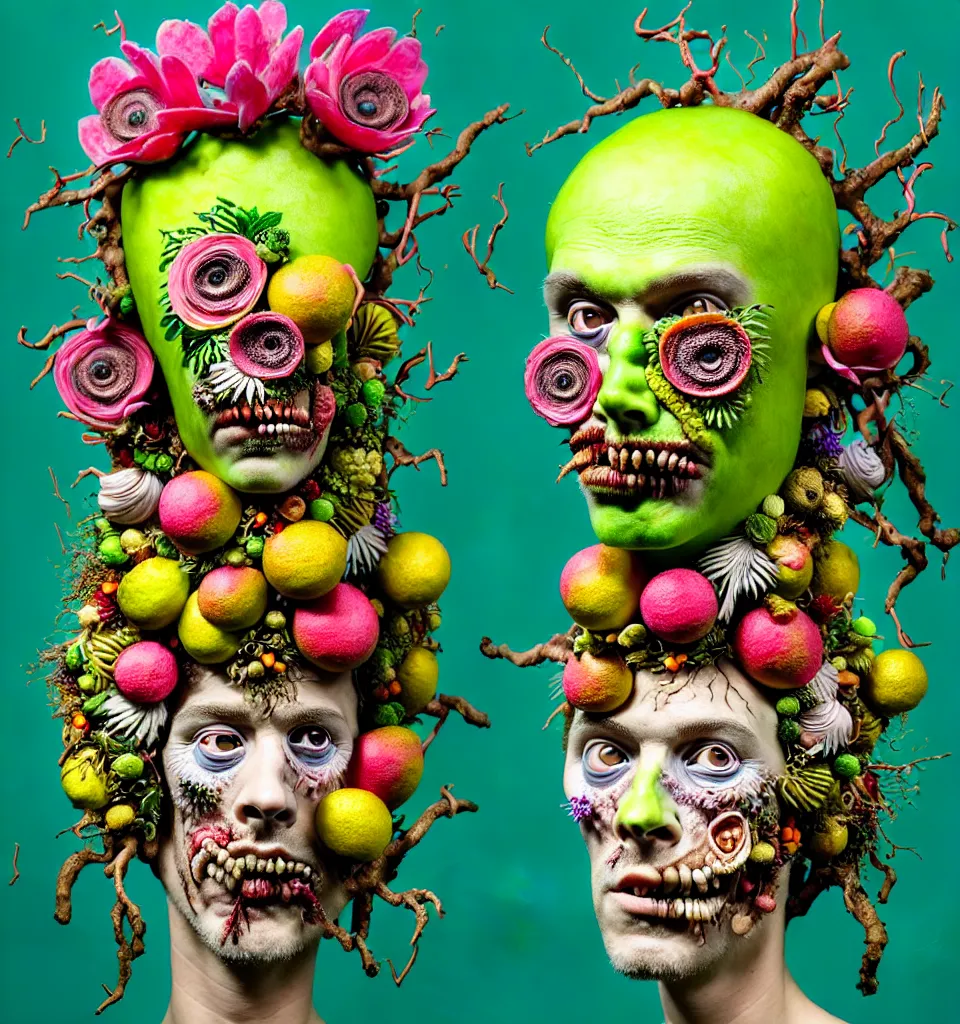 Prompt: headshot portrait of a trickster nature zombie, head made of fruit and flowers in the style of arcimboldo, fragonard, covered with tendrils roots and snail shells, oil painting, ethereal, atmospheric lighting, action figure, clay sculpture, claymation, turquoise pink and green, botanical rainbow backdrop