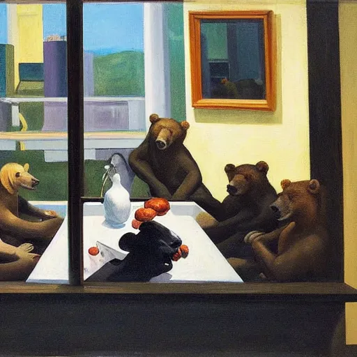 Image similar to painting, view from inside edward hopper's painting nighthawks, of a group of werebears inside a gallery, by magrirre, by neo rauch