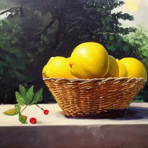 Image similar to a lemon in a basket of fruits in a forest, oil painting