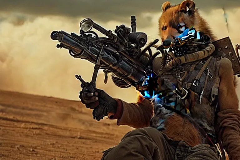 Image similar to a good ol'weasel fursona ( from the furry fandom ), heavily armed and armored facing down armageddon in a dark and gritty version from the makers of mad max : fury road. witness me.