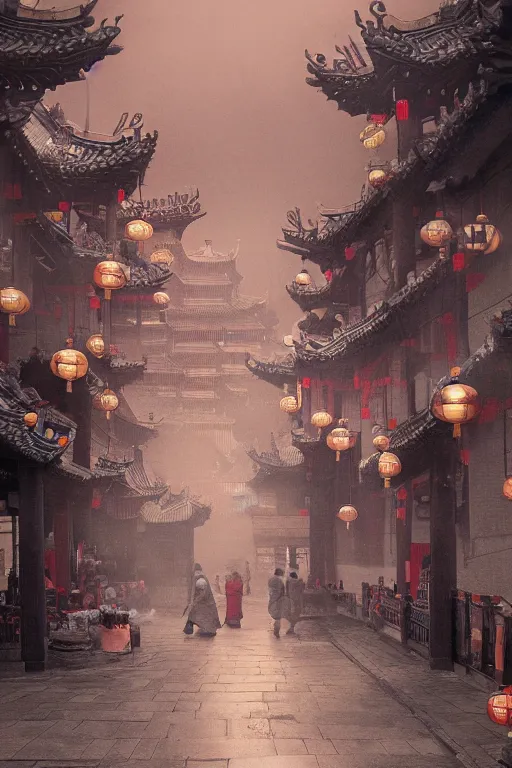 Image similar to on the night of the chinese new year's day, many chinese ghosts wander in the ancient chinese streets. the guiding line composition method, the tindal effect, the soft light, the cool color, by wu jinyuan, trending on artstation