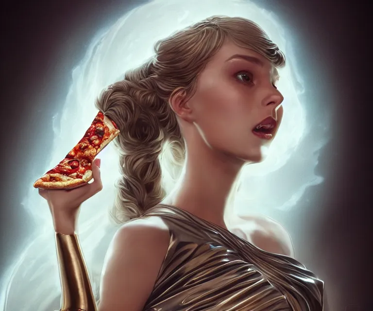 Prompt: goddess of the pizza, wearing metallic high - tech toga, by charlie bowater and titian and artgerm, intricate, face, sci - fi, elegant, beautiful, highly detailed, dramatic lighting, sharp focus, trending on artstation, artstationhd, artstationhq, raytracing, octane render, unreal engine, 4 k, 8 k