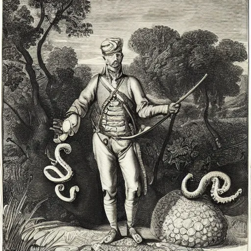 Prompt: A colonial soldier with the head of an octopus, standing in the middle of the jungle, engraving, ink, black and white, 17th century