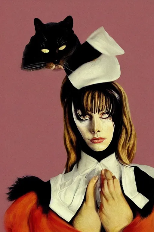 Image similar to hyperrealism fashion portrait photo with black cat from The Holy Mountain by Alejandro Jodorowsky in style of Francisco Goya