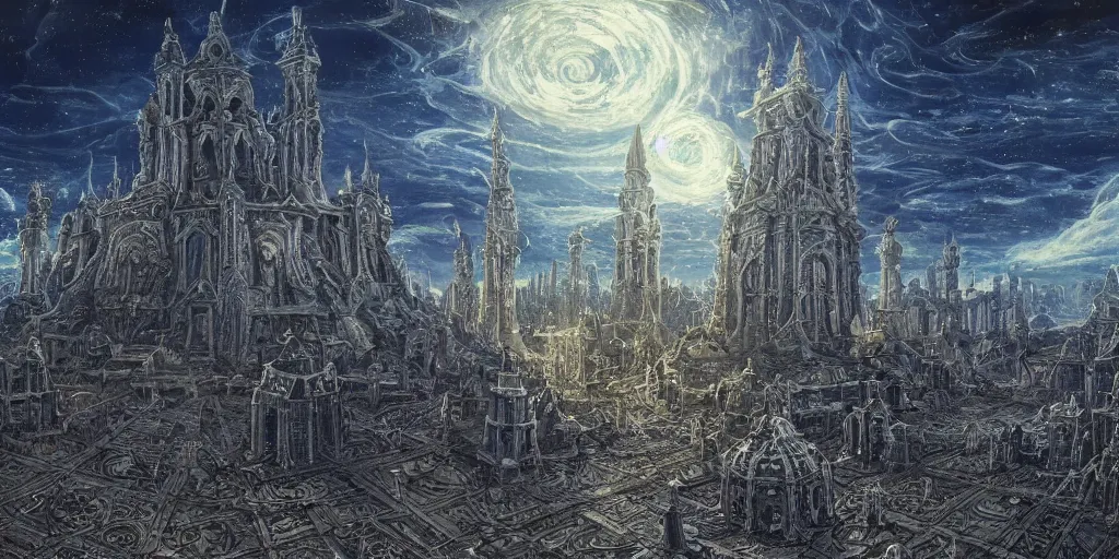 Image similar to an concept art of the ancient eldritch city, surrounded by monumental obelisks, lovercraft, intricate details, detailed sky, detailed structures, starry night, artstation, epic scenery, colourful light, cinematic, by kentaro miura and vasnetsov