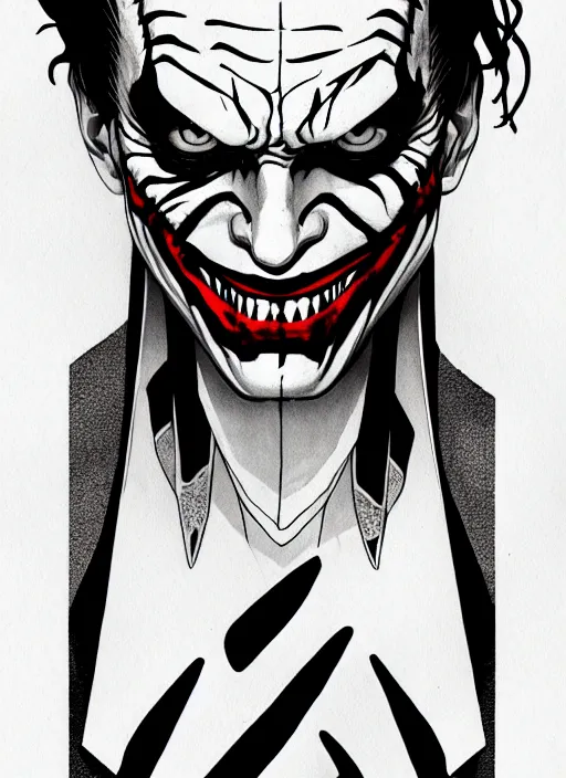 Image similar to symmetry concpet art, full shot, traditional ink, sketch, of the joker, line sketch, intricate, elegant, highly detailed, monochrome, digital painting, artstation, concept art, sharp focus, illustration, art by borderlands 3 and peter polach