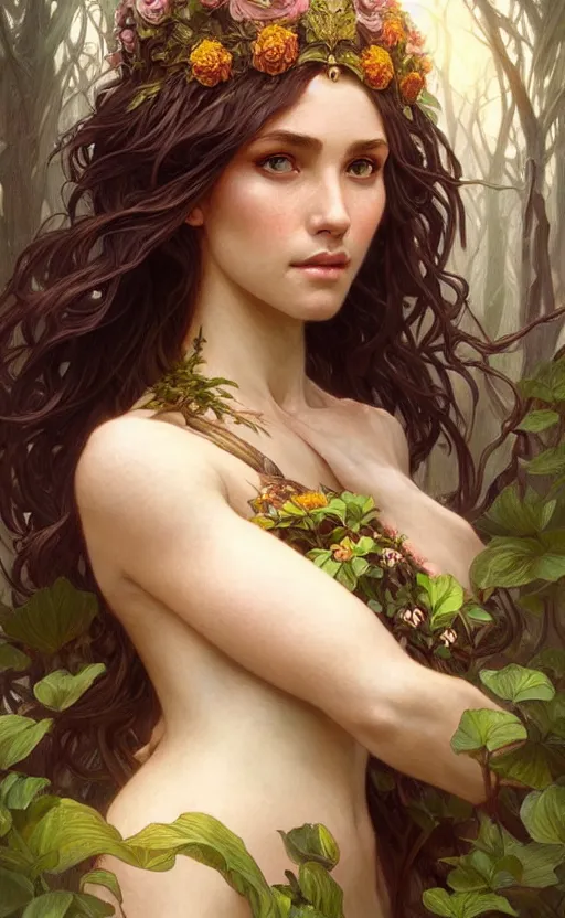 Image similar to portrait of a goddess of nature!, half body, perfect face!!, d & d, fantasy, intricate, elegant, highly detailed, digital painting, artstation, concept art, smooth, sharp focus, illustration, art by artgerm and greg rutkowski and alphonse mucha