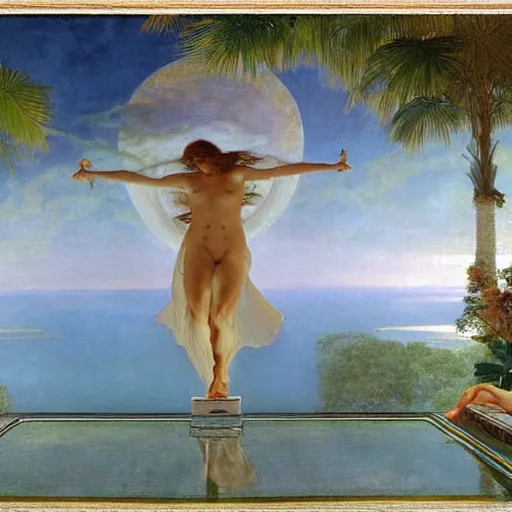 Image similar to The palace on the clouds, moon reflecting on the water, thunderstorm, greek pool, beach and Tropical vegetation on the background major arcana sky, by paul delaroche, alphonse mucha and arnold böcklin, hyperrealistic 8k, award-winning, very very very detailed