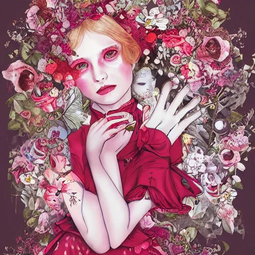 Image similar to Alice in Wonderland at the tea party, she looks like a mix of grimes, Aurora Aksnes and zoë Kravitz, sweet and innocent, surrounded by red and white roses, digital illustration, inspired by Aeon Flux, Japanese shoujo manga, and Alexander McQueen fashion, hyper detailed, dreamlike, incredibly ethereal, super photorealistic, iridescent colors, Tyndall effect, extremely fine inking lines