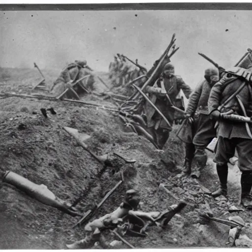 Prompt: photograph of neanderthals in ww 1., trench warfare, explosion