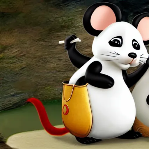 Prompt: jerry the mouse is riding a panda, cartoon tom and jerry series