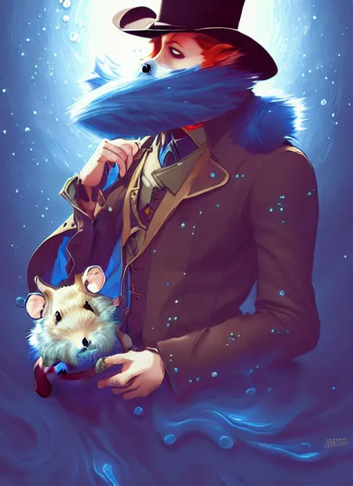 Image similar to style artgerm, joshua middleton, illustration, anthropomorphic hamster as cowboy steampunk, blue fur, swirling water cosmos, fantasy, dnd, cinematic lighting