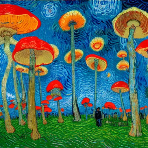 Prompt: psychedelic forest with small people on swings hanging from giant mushrooms, van Gogh