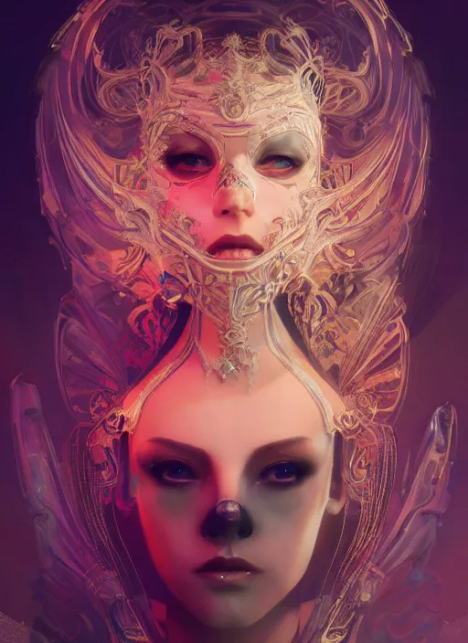 Prompt: a beautiful woman wearing a venetian mask, intricate concept art, ethereal, elegant, highly detailed, artstation, smooth, cyberpunk darksynth, cinematic, opalescent mist, dramatic lighting, illuminated glowing lines, outrun, neon vaporware, by ruan jia and ilya kuvshinov and craig mullins and alphonse mucha