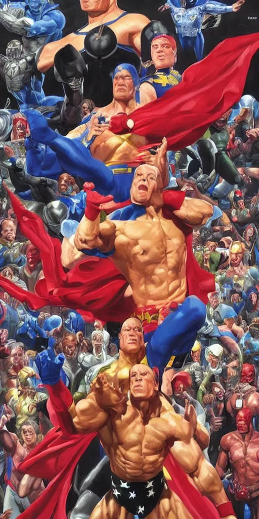 Image similar to A Kingdom Come cover featuring John Cena as PeaceMaker by Alex Ross, oil painting