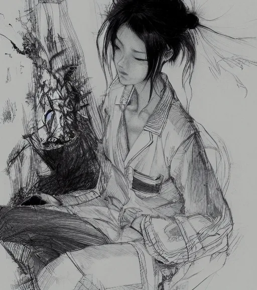 Prompt: portrait of anime girl wearing pajamas, pen and ink, intricate line drawings, by craig mullins, ruan jia, kentaro miura, greg rutkowski, loundraw