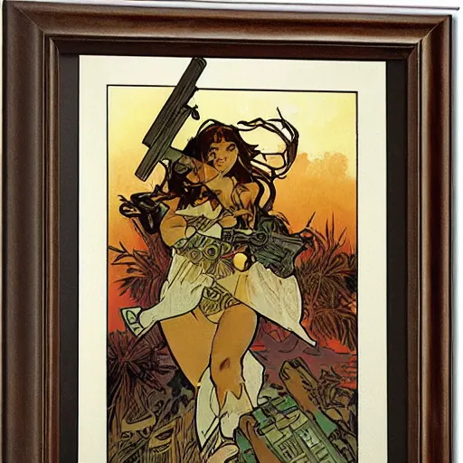 Image similar to postapocalyptic warrior, painted by alphonse mucha