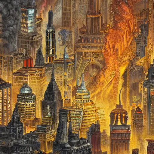 Image similar to a city on fire, tall buildings, extreme detail, abstract realism, highly ornate intricate details, 1 9 2 0's colored pencil, 4 k, cinematic lighting,