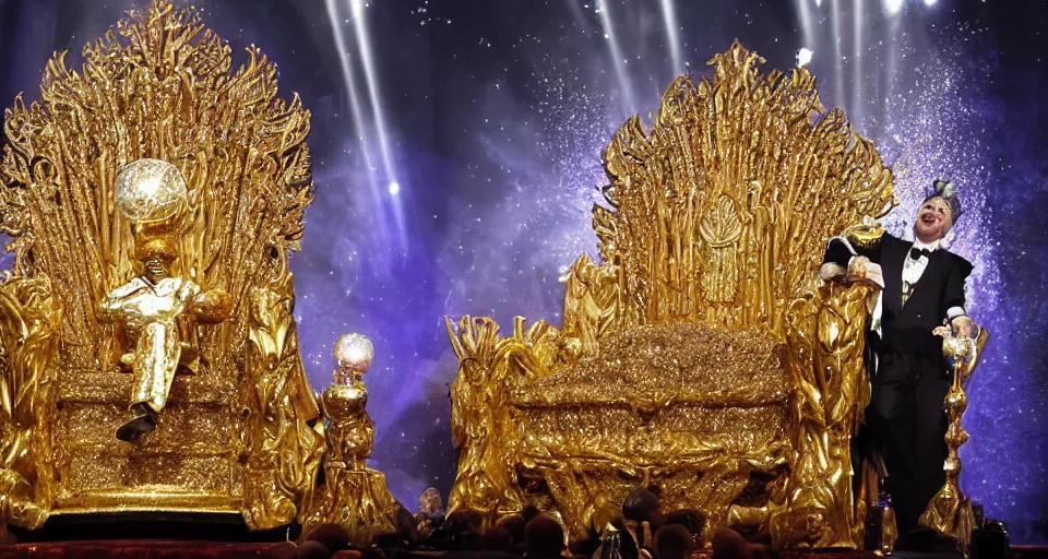 Image similar to shining majestic throne made of millions of diamonds, gold and zaphires with thousands of light reflections, and a clown on a tuxedo suit is sitting on the throne while handing a golden globe, cartoon style, dramatic light