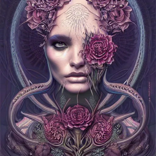 Prompt: a beautiful detailed front view portrait of a woman with ornate growing around morphing, ornamentation, flowers, elegant, beautifully lit, skull, by wayne barlowe, peter mohrbacher, kelly mckernan,