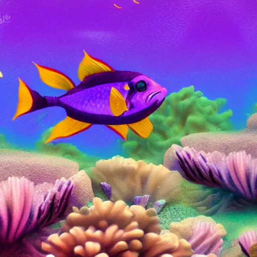 Image similar to A purple fish, swimming in a beautiful coral reef, Digital art, Concept art