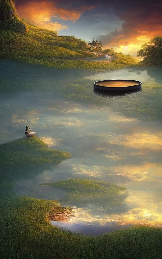 Image similar to a surreal landscape at sunset with a immense gigantic ornated iron chalice cup with a lake inside, water in excess dropping by gediminas pranckevicius