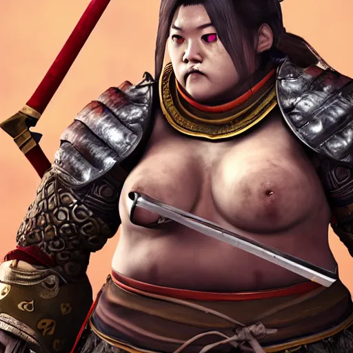 Image similar to tetsubo wielding female shugoki yoroi and kabuto forhonorgame, rubenesque, wlop