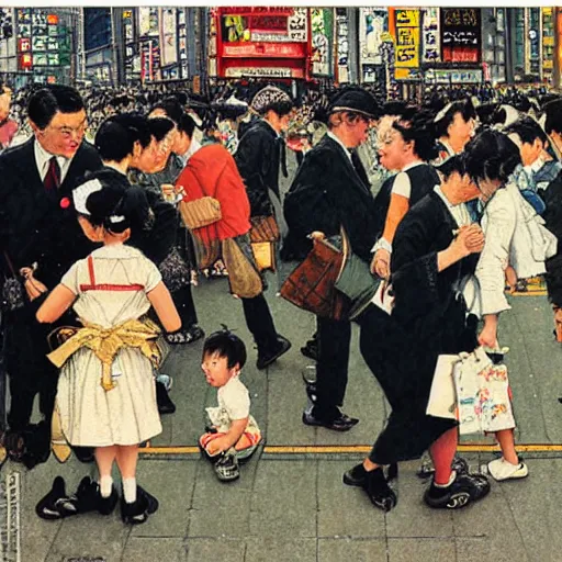 Image similar to Tokyo's Shibuya Crossing painted by Norman Rockwell