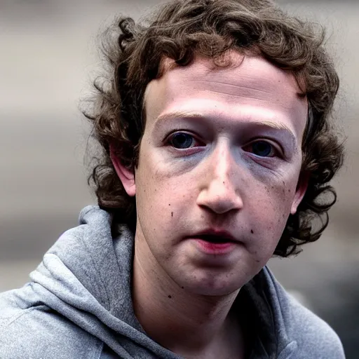 Image similar to mark zuckerberg as a dirty decrepit homeless man begging for money, 4 k ultra high detailed