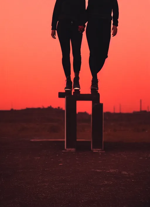 Image similar to cinestill 5 0 d photographic portrait of 2 women holding hands, wearing black techwear in front of a brutalist brushed metal building, closeup, on a desolate plain with a red sky, dystopia, cyberpunk, closeup, depth of field, 4 k, 8 k, hd, full color