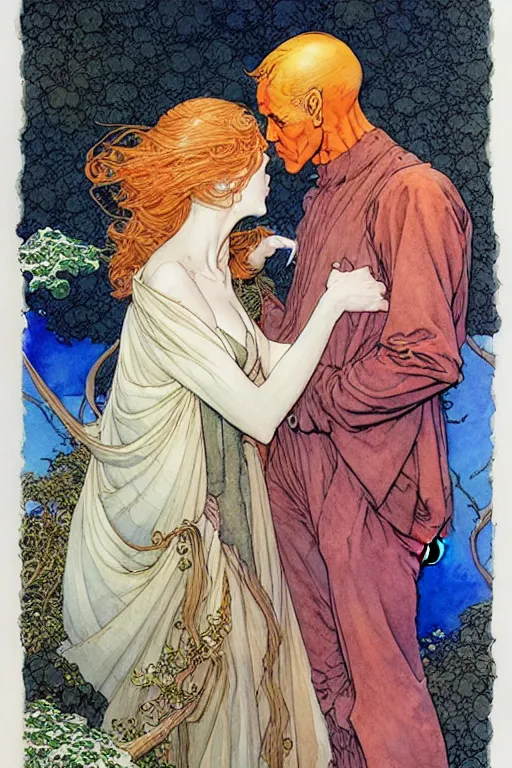 Image similar to a hyperrealist watercolour character concept art portrait of young lovers forgiveness. love. union. by rebecca guay, michael kaluta, charles vess and jean moebius giraud