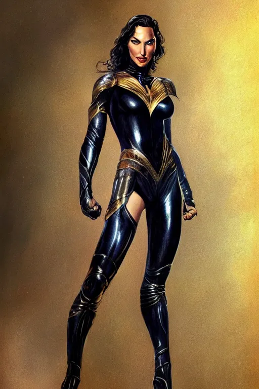 Prompt: a stunning full body portrait of Gal Gadot wearing a metallic full body catsuit, fantasy art by Frank Frazetta and Boris Vallejo, highly detailed, trending on artstationhq