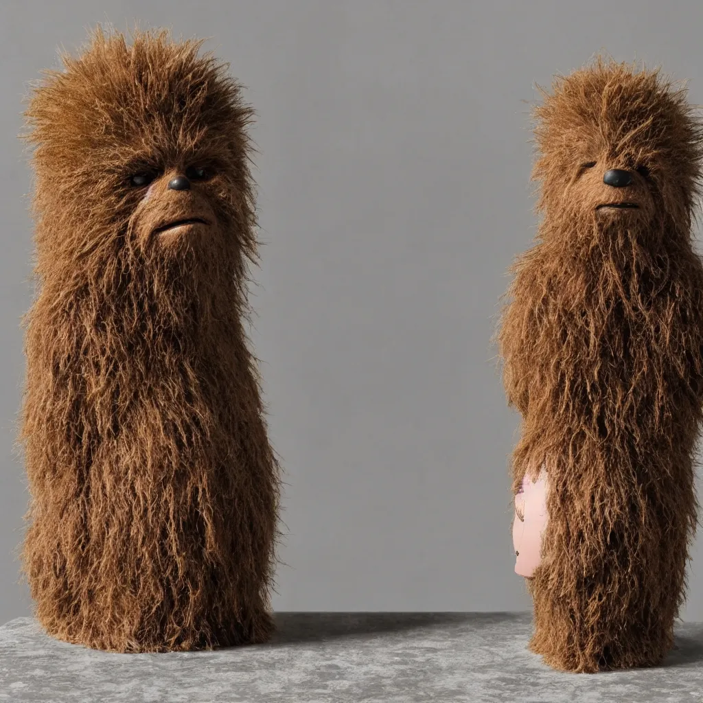 Image similar to Chia pet of Chewbacca’s head sitting on a concrete table, dimly lit