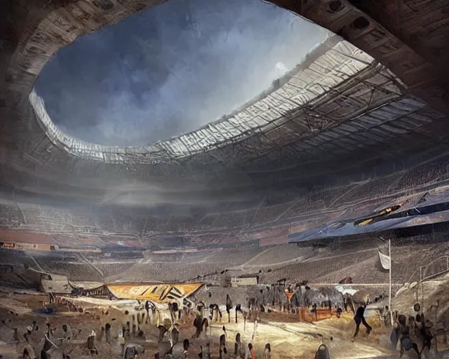 Image similar to an olimpic soccer stadium in the style of ancient egypt, art by greg rutkowski and artgerma, stunning concept art, interior design architecture