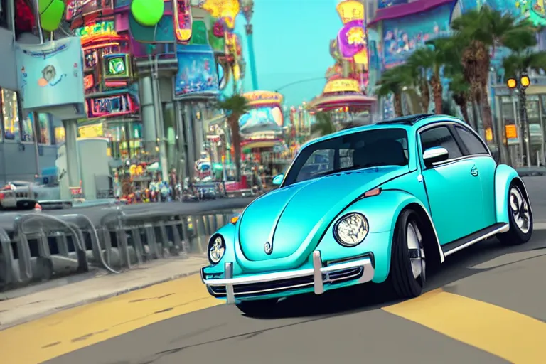 Image similar to a wholesome animation key shot of!! one!! focused!! vw beetle superbug!! in shiny reflective stainless steel, in a las vegas street, medium shot, studio ghibli, ( pixar ) and disney animation, sharp, very detailed, high resolution, rendered in unreal engine 5, anime key art by greg rutkowski, bloom, dramatic lighting