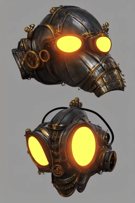 Image similar to steampunk mask minimalist fantasy art robot ninja helmet, global illumination ray tracing hdr fanart arstation by sung choi and eric pfeiffer and gabriel garza and casper konefal radiating a glowing aura