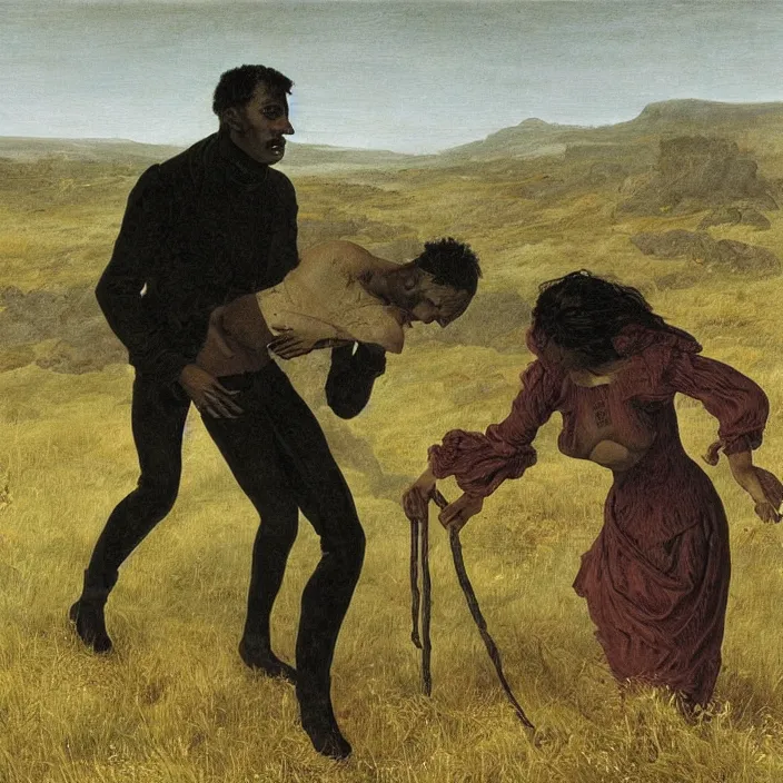 Image similar to adult dark - skinned man choking woman on the moorland, painting by caspar david friedrich