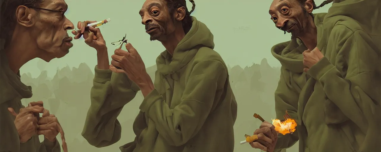 Image similar to duotone olive illustration 3 / 4 portrait of gollum smoking joints with snoop dogg composition accidental renaissance golden ratio. by sachin teng and sergey kolesov and ruan jia and heng z. graffiti art, scifi, fantasy, hyper detailed. octane render. concept art. trending on artstation
