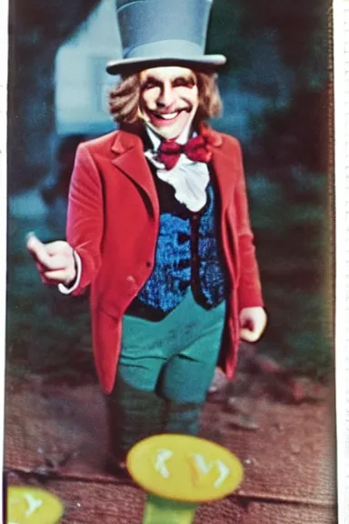 Image similar to a shaky Polaroid of Willy wonka smiling menacingly with blood smeared on the photo