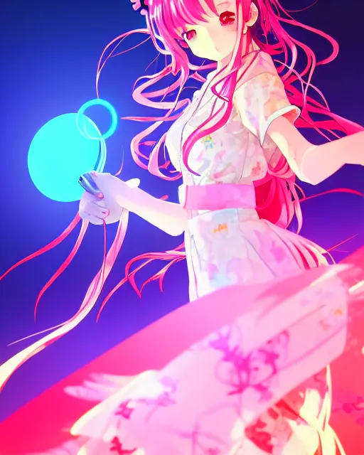 Image similar to anime style, vivid, expressive, full body, 4 k, painting, a cute magical girl idol with a long wavy hair wearing a kimono outfit, correct proportions, stunning, realistic light and shadow effects, neon lights, studio ghibly makoto shinkai yuji yamaguchi