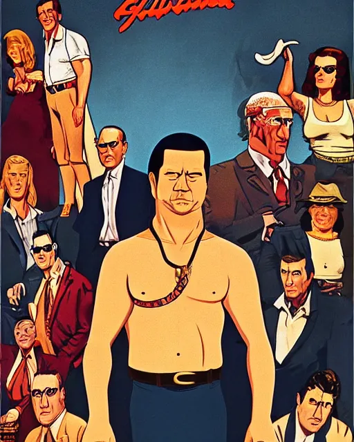 Prompt: a 1 9 7 0 s promotional poster for a mafia king of the hill movie in the style of robert mcginnis, poster design, vintage, king of the hill, dramatic, dramatic lighting, hank hill, dale gribble, boomhauer, bill dauterive, john redcorn