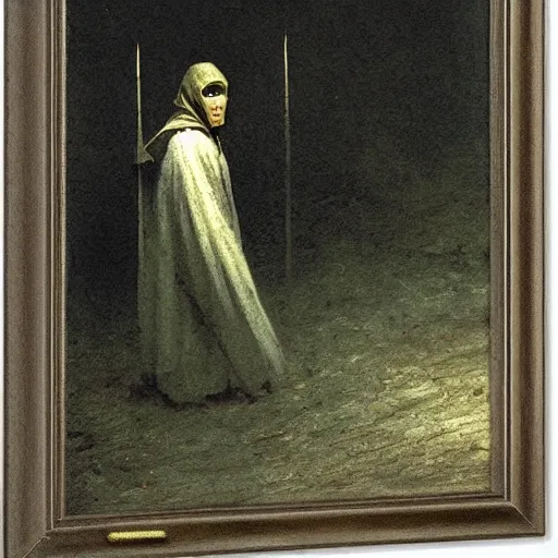 Image similar to portrait of a small pale cowardly man wearing dark hood, fantasy artwork, frightened look, high fantasy, by karl spitzweg