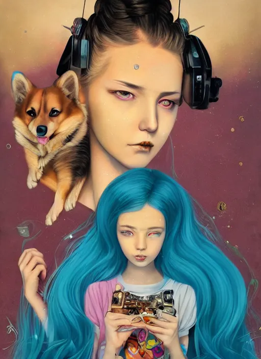 Prompt: beautiful portrait painting of a beautiful attractive lofi cyberpunk princess and her corgi assassin king being happy, by Afarin Sajedi, Alessandro Barbucci, Alex Gross, Shin Jeongho, Shohei Otomo. trending on Artstation, 8k, masterpiece, face enhance, graffiti paint, fine detail, full of color, intricate detail, golden ratio illustration