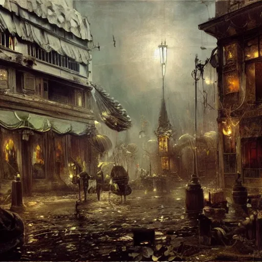 Image similar to painting hr giger tent in a room, floral ornaments light beams night, street lights, andreas achenbach, scene from fightclub movie