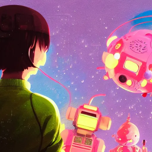 Image similar to a kawaii gouache painting, by yoshitomo nara, by beeple, by yoshitaka amano, by victo ngai, by shaun tan, by good smile company, detailed anime 3 d render of an attractive male modular mechanical android, portrait, cgsociety, by peter mohrbacher, by lisa frank, futuristic setting, gel lighting neon glow -