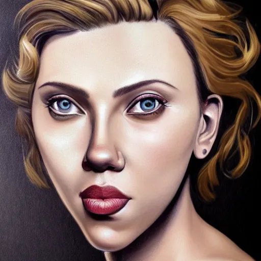 Prompt: funny caricature painting of scarlett johansson, closeup of face, exaggerated features, highly detailed, drawing by mahesh nambiar, sebastian kruger, archille superbi, carola rubio, artstation